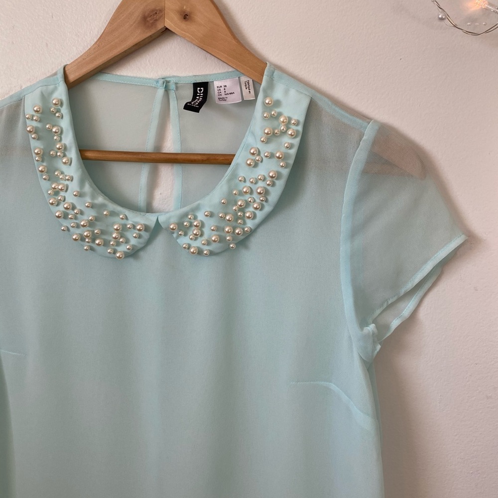 Pearl collared turquoise blouse
